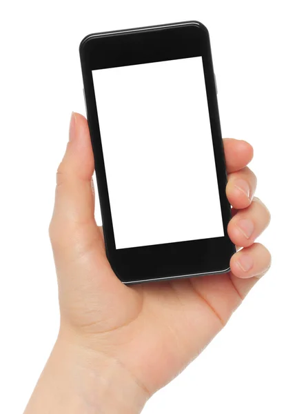 Mão segurando telefone inteligente no fundo branco — Fotografia de Stock