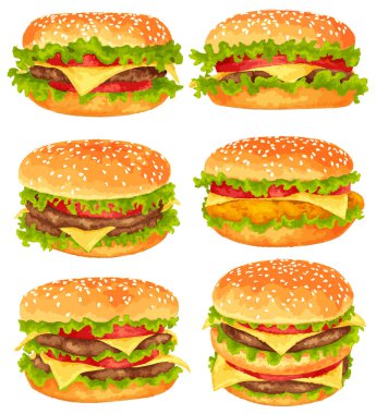 Modern suluboya tasarım vektör çizim, büyük hamburger ayarla