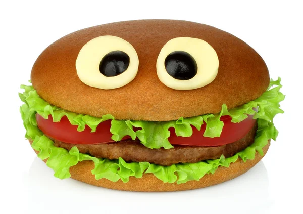 Big funny hamburger whith cheese eyes and chicken cutlet — Stock Photo, Image