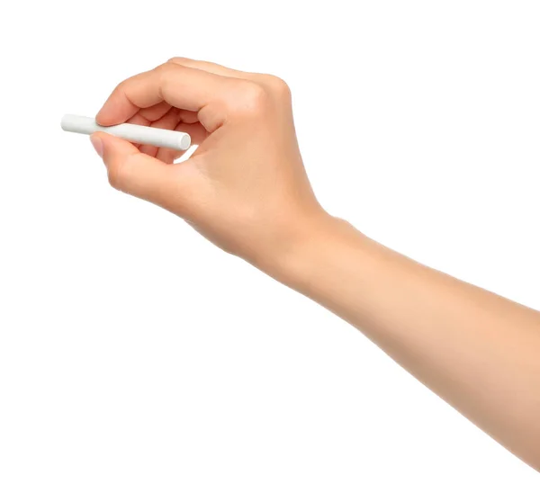 Hand with chalk on white background — Stock Photo, Image