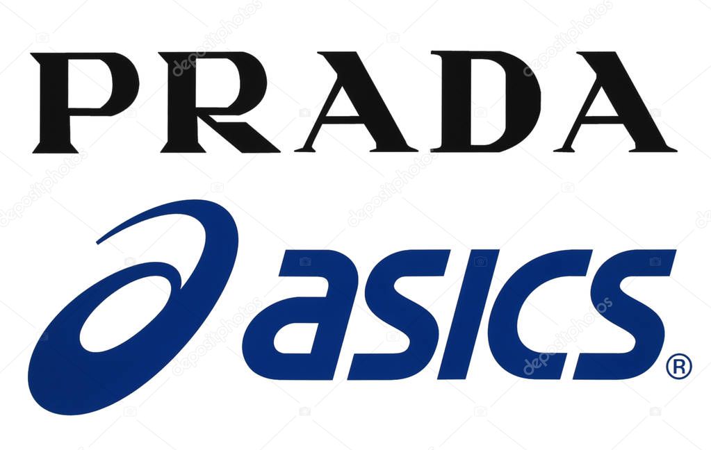 Kiev, Ukraine - September 11, 2017: Collection of popular sportswear manufactures logos printed on paper: Prada and Asics