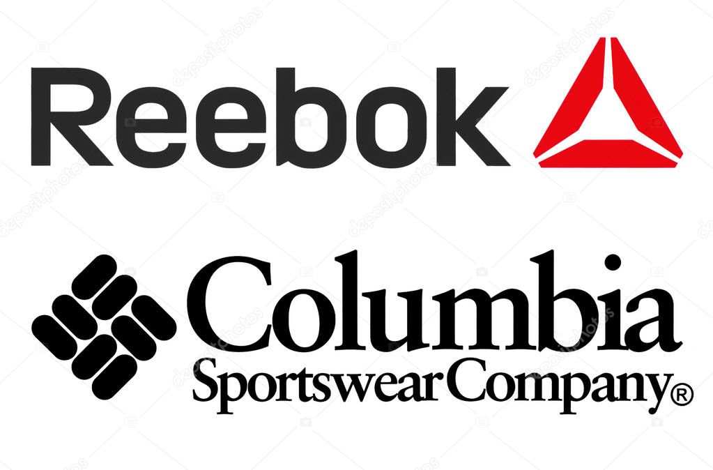 Kiev, Ukraine - September 11, 2017: Collection of popular sportswear manufactures logos printed on paper: Reebok and Columbia