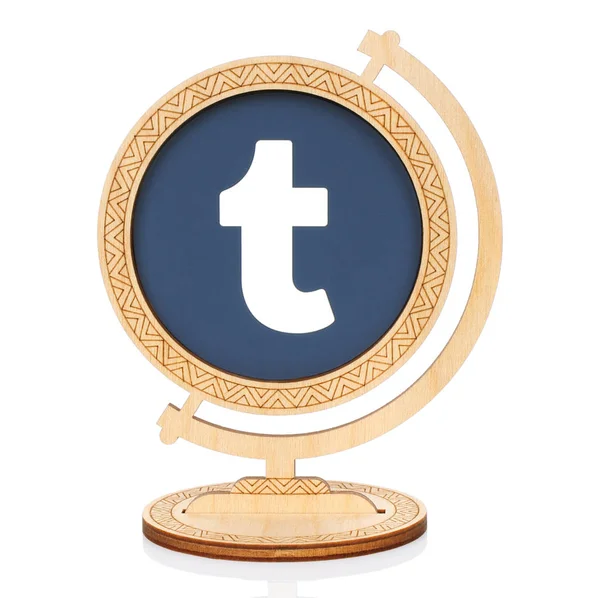 Tumblr circle icon placed into wooden globe — Stock Photo, Image