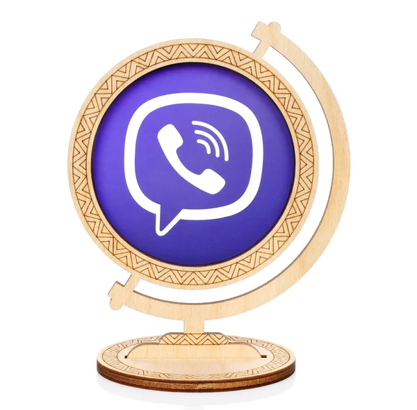 Viber circle icon placed into wooden globe — Stock Photo, Image