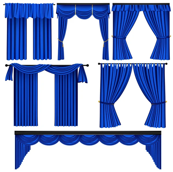 Conjunto de cortinas y cortinas de lujo azul sobre fondo blanco — Archivo Imágenes Vectoriales