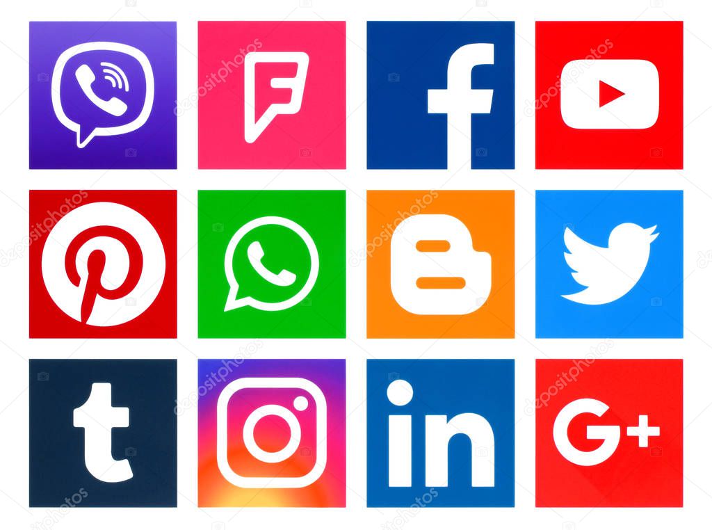 Kiev, Ukraine - February 19, 2018: Popular square social media logos printed on paper: Facebook, Twitter, Instagram, Pinterest, LinkedIn, Viber, Tumblr, WhatsApp, Youtube, and others