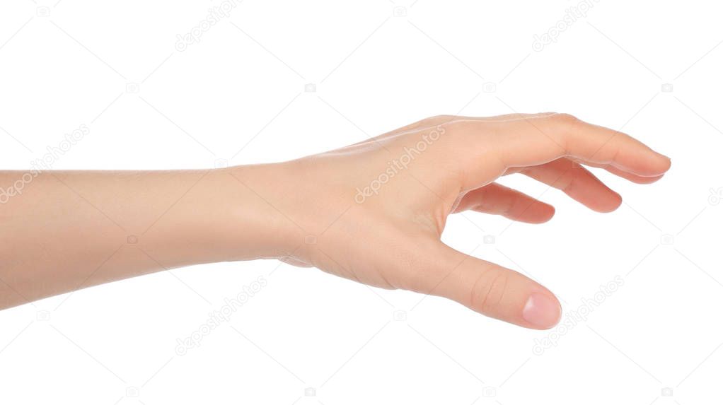 Woman hand on white background close-up