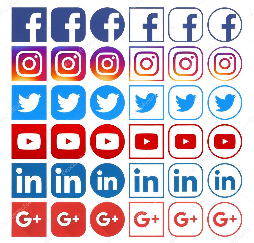 Kiev, Ukraine - April 04, 2018: Collection of different popular social media icons printed on white paper: Facebook, Instagram, Linkedin, Google Plus, Twitter, Youtube