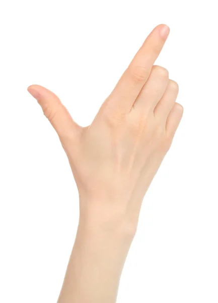 Женщина рука с жестом, как увеличение изображения на планшетном компьютере — стоковое фото