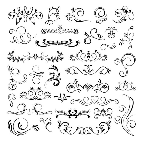 Set of ornamental filigree flourishes and thin dividers on white