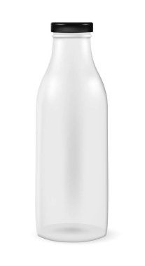 Süt, meyve suyu ya da başka bir şey için beyaz arka planda bir şişe. Gerçekçi vektör illüstrasyonu