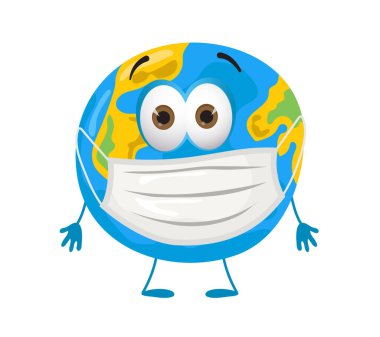 Koronavirüs salgını yüzünden Korkak Dünya Gezegeni maske kullanıyor. Modern düz vektör çizimi.