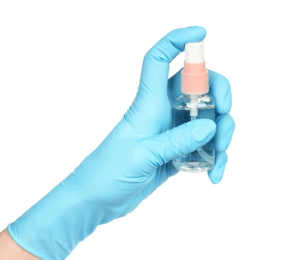 Woman Hand Medical Gloves Holds Antiseptic Spray White Background — Stock Photo, Image