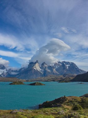 view of Cuernos del Paine from the lake Pehoe in national park Torres del Paine in Chile clipart