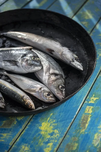 Raw fishes. Blue wooden background — Stock Photo, Image