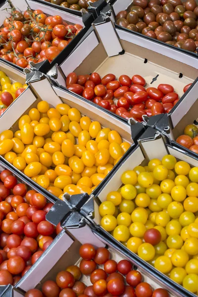 Různé rajčata v supermarketu — Stock fotografie