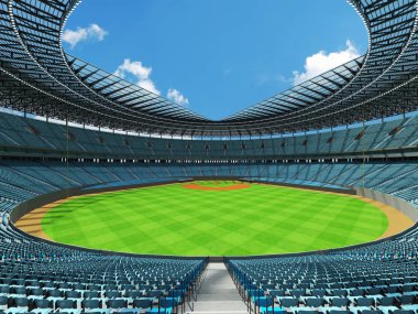 Beyzbol Stadyumu gökyüzü mavi koltuklar ve VIP kutuları 3D render