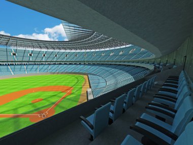 3D render of baseball stadium with sky blue seats and VIP boxes clipart