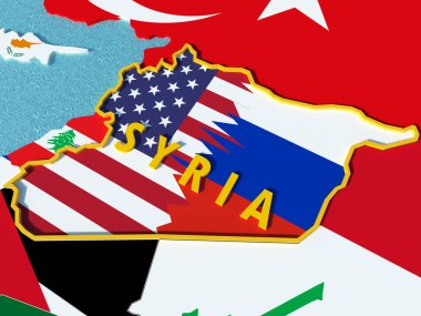 ABD ve Rusya Bayraklarda çakışma durumu Suriye ve harita üzerinde
