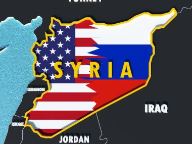 ABD ve Rusya Bayraklarda çakışma durumu Suriye ve harita üzerinde