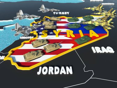 ABD ve Rusya Bayraklarda çakışma durumu Suriye ve harita üzerinde