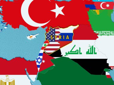 ABD ve Rusya Bayraklarda çakışma durumu Suriye ve harita üzerinde