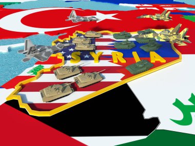 ABD ve Rusya Bayraklarda çakışma durumu Suriye ve harita üzerinde