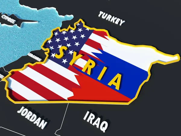 Drapeaux des États-Unis et de la Russie en conflit sur la situation en Syrie et carte — Photo