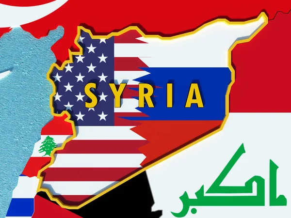 Drapeaux des États-Unis et de la Russie en conflit sur la situation en Syrie et carte — Photo