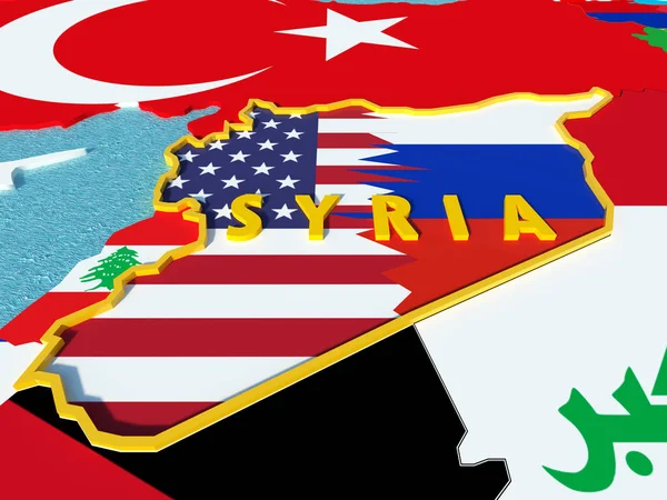 Drapeaux des États-Unis et de la Russie en conflit sur la situation en Syrie et carte — Photo