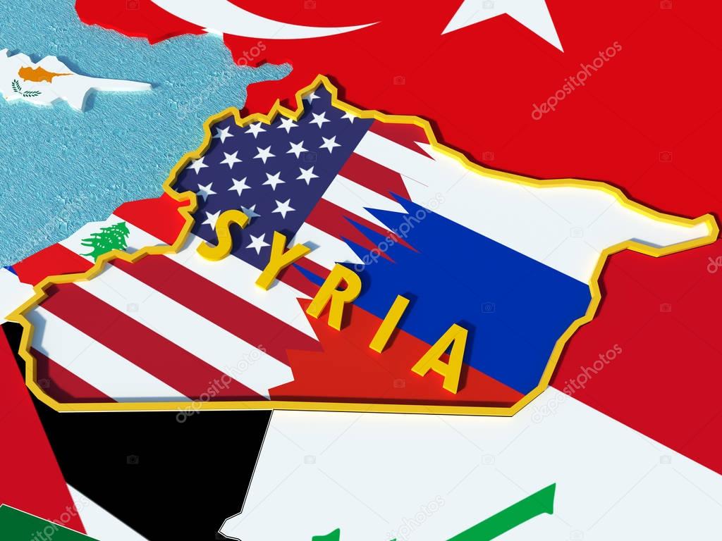 Flags of USA and Russia in conflict over situation in Syria and map