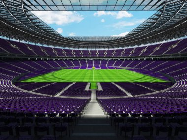 yuvarlak bir futbol - Futbol Stadyumu mor koltuklar ile 3D render