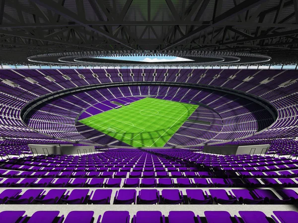 Representación 3D de un balón de fútbol redondo - estadio de fútbol con asientos púrpura —  Fotos de Stock