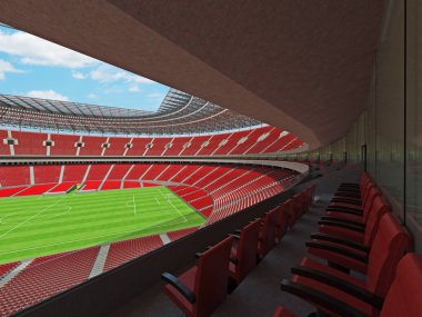 yuvarlak bir futbol - Futbol Stadyumu kırmızı koltuk ve VIP kutuları ile 3D render