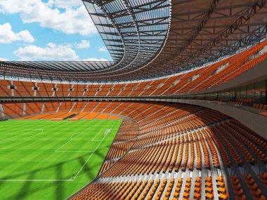 yuvarlak bir futbol - Futbol Stadyumu turuncu koltuk ile 3D render