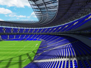 yuvarlak bir futbol - Futbol Stadyumu mavi koltuklar ile 3D render