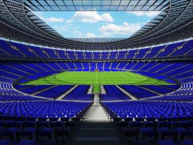 yuvarlak bir futbol - Futbol Stadyumu mavi koltuklar ile 3D render