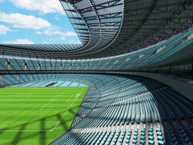 yuvarlak bir futbol - Futbol Stadyumu gökyüzü mavi koltuklar ile 3D render