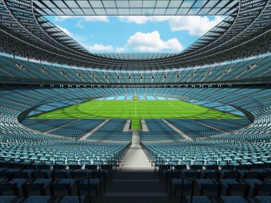 yuvarlak bir futbol - Futbol Stadyumu gökyüzü mavi koltuklar ile 3D render
