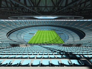 yuvarlak bir futbol - Futbol Stadyumu gökyüzü mavi koltuklar ile 3D render
