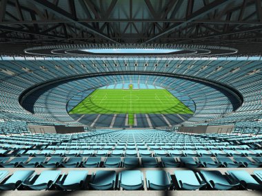 yuvarlak bir futbol - Futbol Stadyumu gökyüzü mavi koltuklar ile 3D render