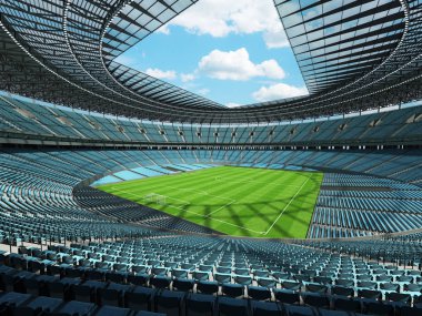 yuvarlak bir futbol - Futbol Stadyumu gökyüzü mavi koltuklar ile 3D render
