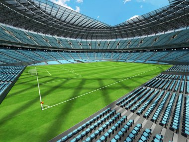 yuvarlak bir futbol - Futbol Stadyumu gökyüzü mavi koltuklar ile 3D render