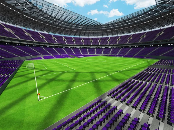 Representación 3D de un balón de fútbol redondo - estadio de fútbol con asientos púrpura —  Fotos de Stock