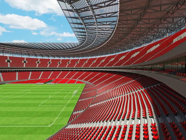 Representación 3D de un balón de fútbol redondo - estadio de fútbol con asientos rojos y cajas VIP —  Fotos de Stock