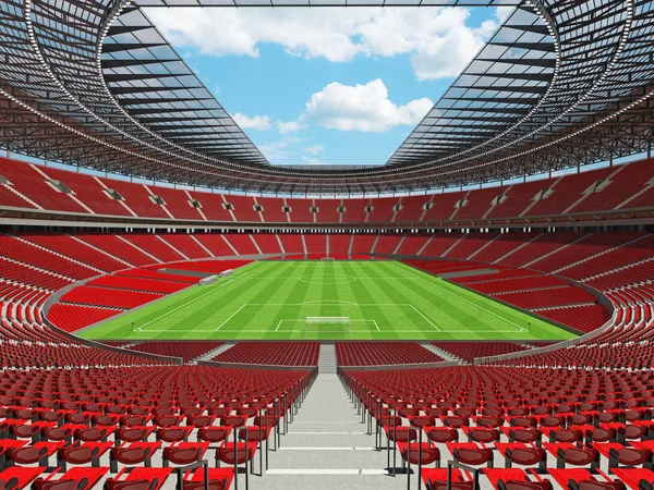 Representación 3D de un balón de fútbol redondo - estadio de fútbol con asientos rojos y cajas VIP —  Fotos de Stock