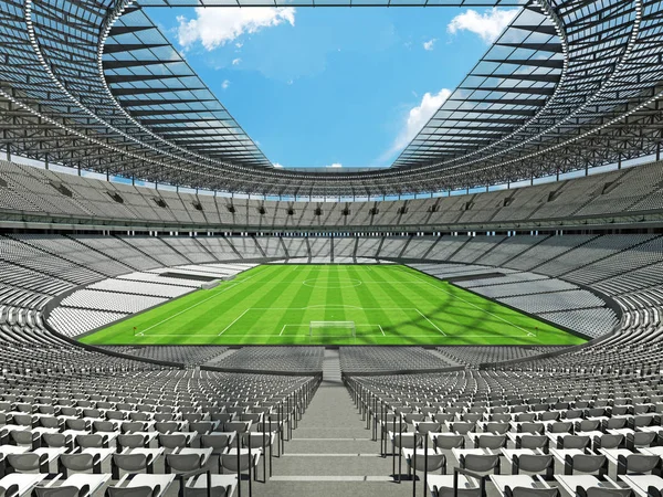 Representación 3D de un balón de fútbol redondo - estadio de fútbol con asientos blancos —  Fotos de Stock