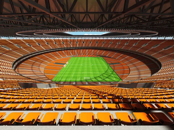 Rendering 3D di un pallone da calcio rotondo - stadio di calcio con sedili arancioni — Foto Stock