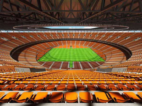 3D καθιστούν ένα γύρο - ποδόσφαιρο στο γήπεδο ποδοσφαίρου με πορτοκαλί καθίσματα — Φωτογραφία Αρχείου