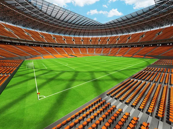 Representación 3D de un fútbol redondo - estadio de fútbol con asientos naranjas — Foto de Stock